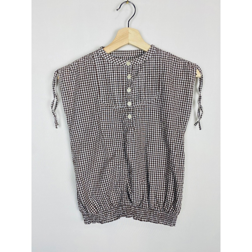 Olive Juice Girls 16Y Brown Gingham Check Smocked Hem Tie Shoulder Blouse Top